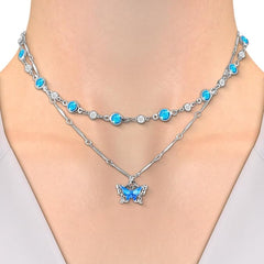 Blue Butterfly Necklace for Women Layered Necklace with Beaded Chain Silver Necklace with Dainty Pendant Jewelry Sets for Trendy Fashion Accessories Gifts for Birthday Mothers Day