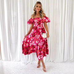 One-shoulder printed puffed-sleeve dress