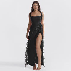 Black fungus edge spliced slit dress