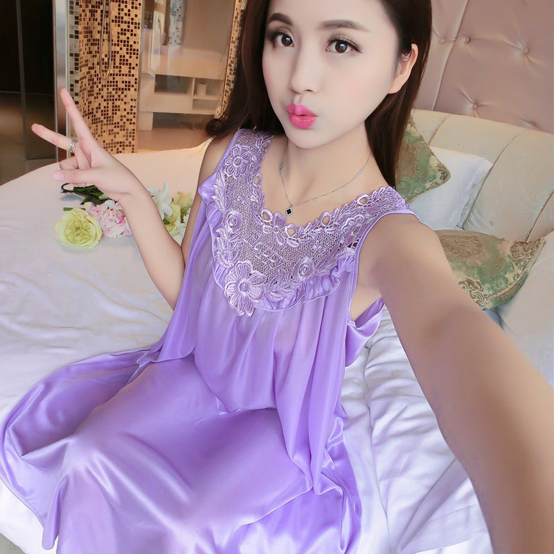 Sleeping dress, solid color sexy ice silk dress, vest dress, home wear