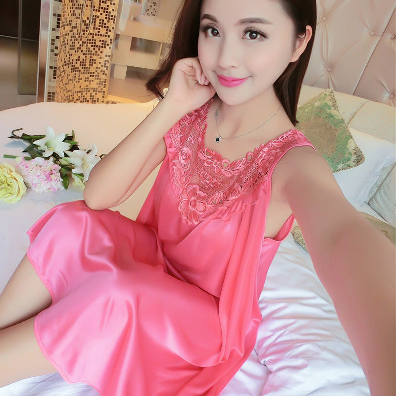 Sleeping dress, solid color sexy ice silk dress, vest dress, home wear