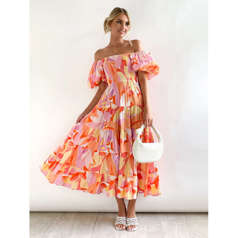 One-shoulder printed puffed-sleeve dress
