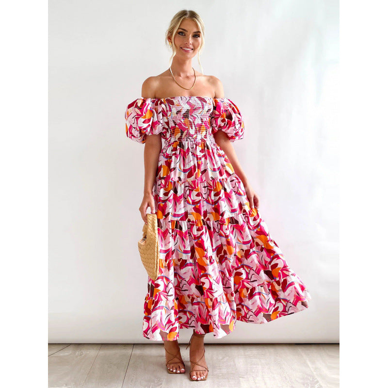 One-shoulder printed puffed-sleeve dress