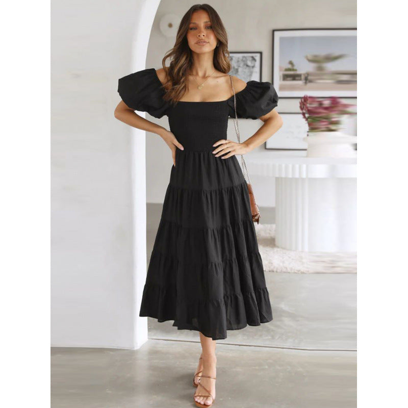 One-shoulder printed puffed-sleeve dress