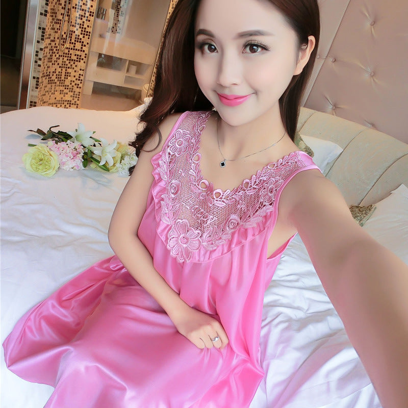 Sleeping dress, solid color sexy ice silk dress, vest dress, home wear