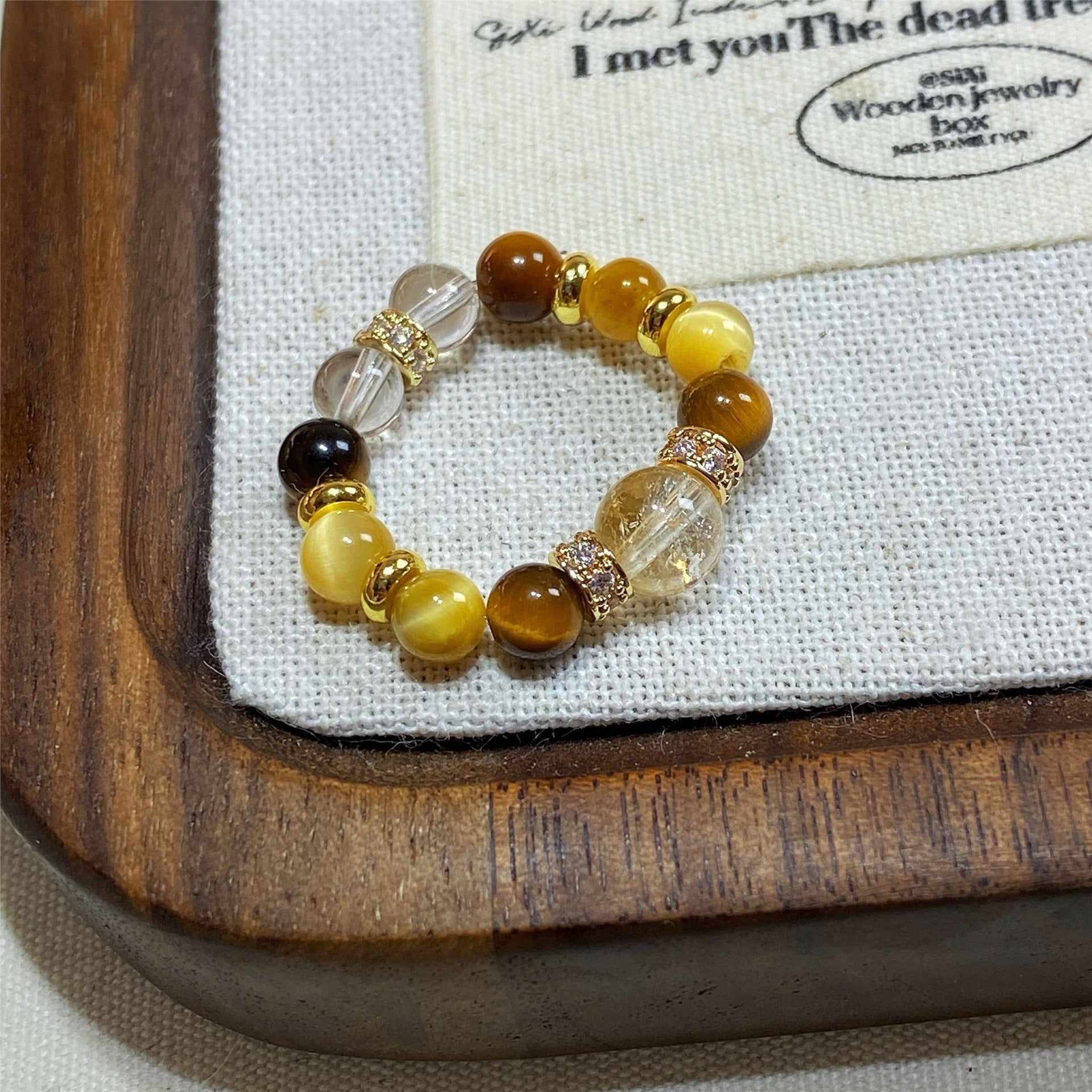 Gold Bully Ring with Citrine & Tiger Eye Stone  Lucky Charm Jewelry