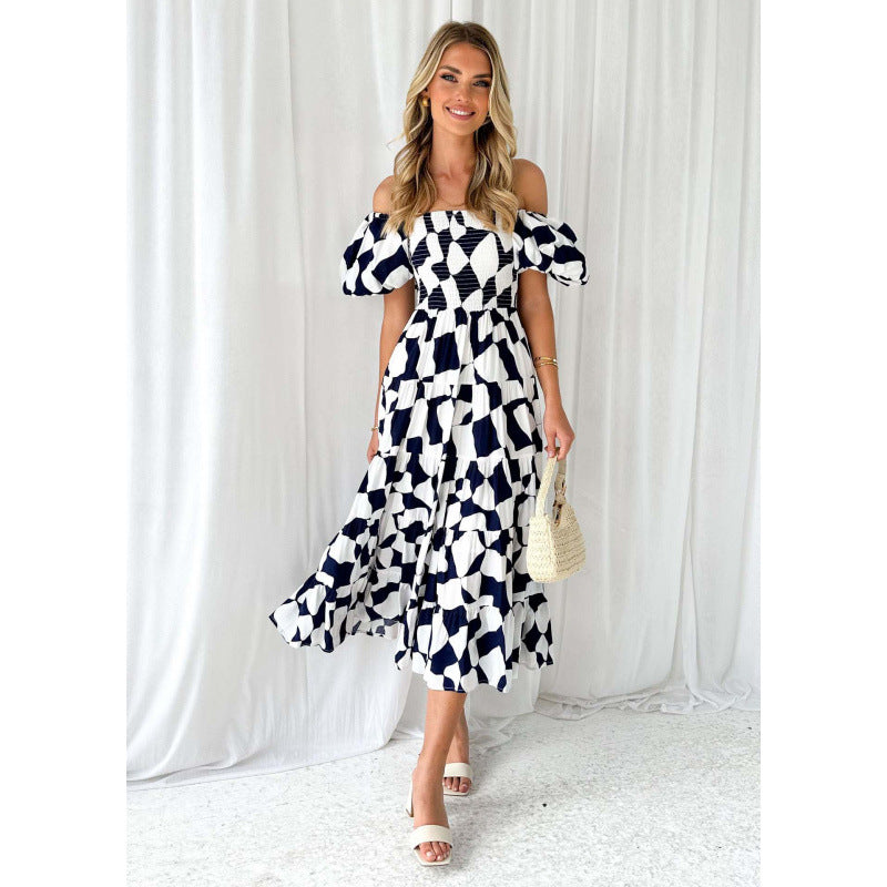 One-shoulder printed puffed-sleeve dress