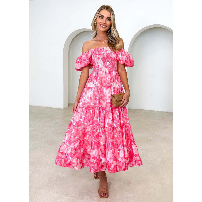 One-shoulder printed puffed-sleeve dress