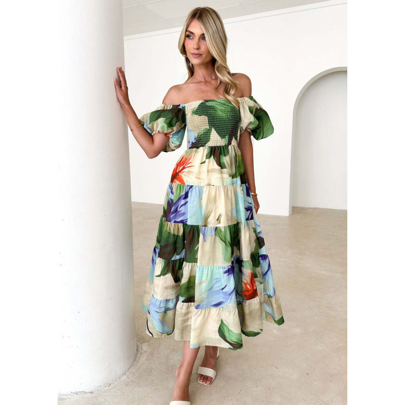 One-shoulder printed puffed-sleeve dress