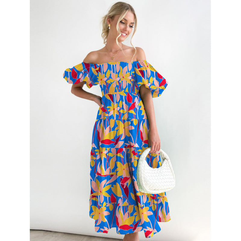 One-shoulder printed puffed-sleeve dress
