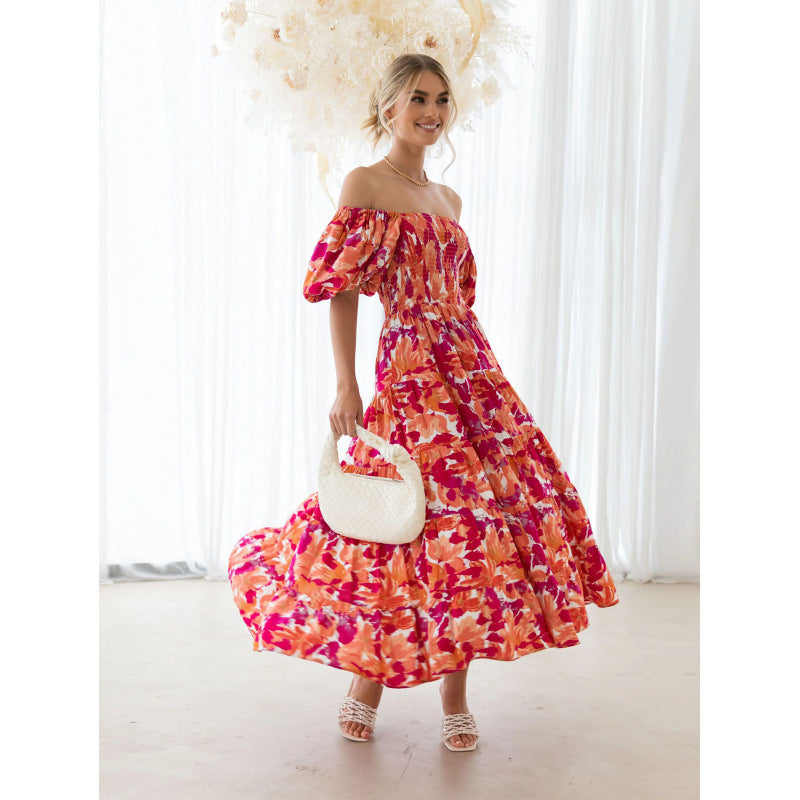 One-shoulder printed puffed-sleeve dress