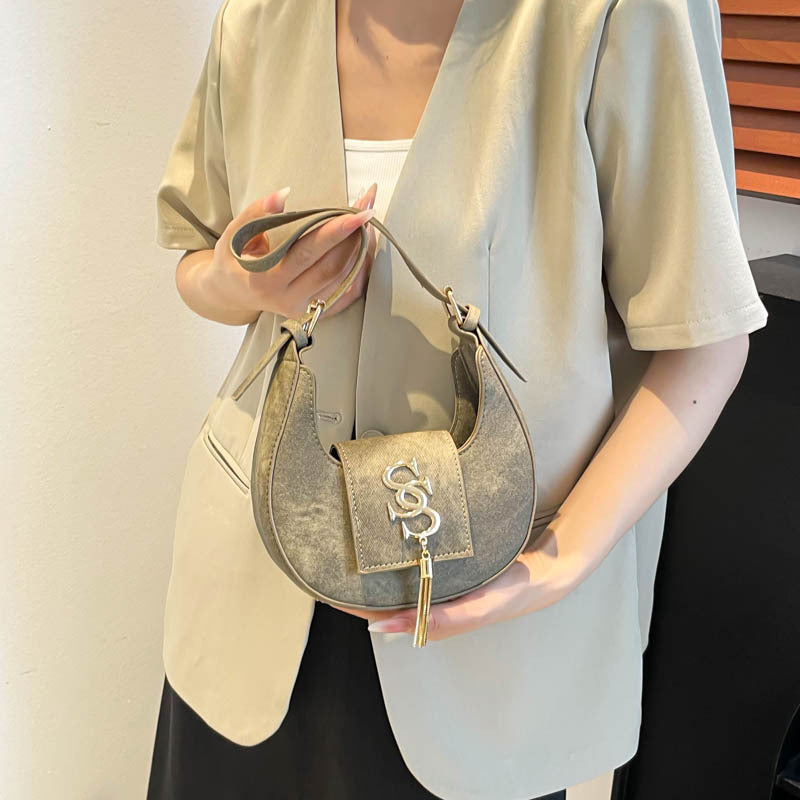PU metal tassel crescent bag