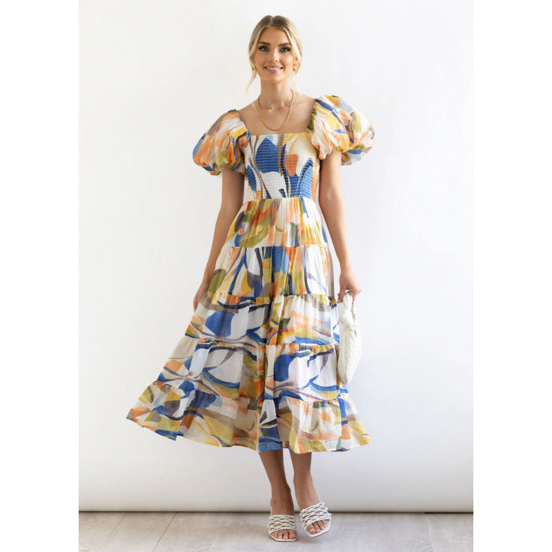 One-shoulder printed puffed-sleeve dress