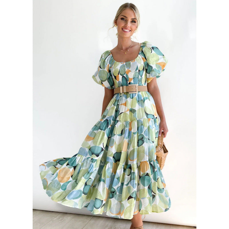 One-shoulder printed puffed-sleeve dress
