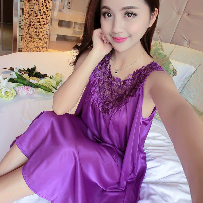 Sleeping dress, solid color sexy ice silk dress, vest dress, home wear