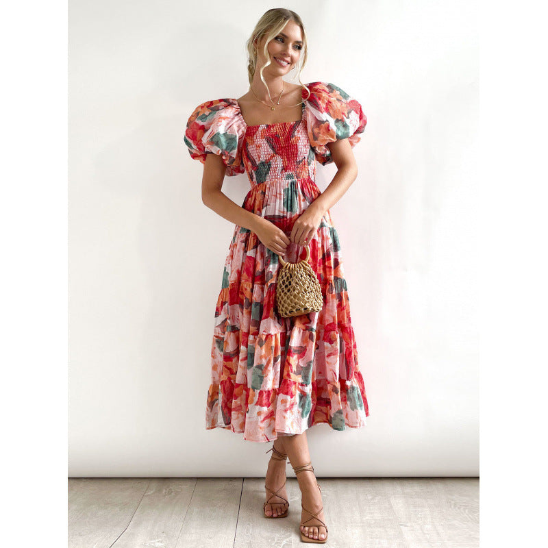 One-shoulder printed puffed-sleeve dress