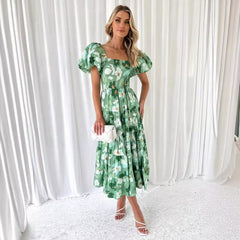 One-shoulder printed puffed-sleeve dress