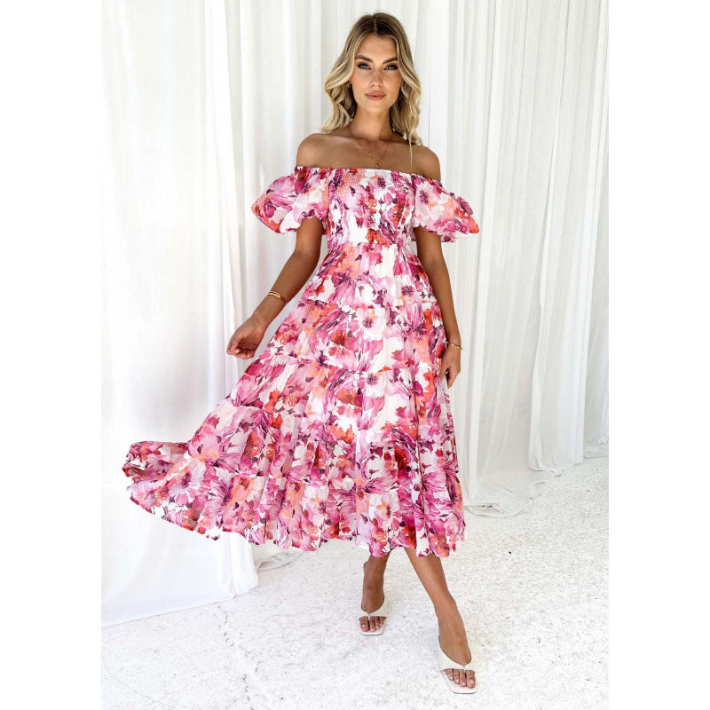 One-shoulder printed puffed-sleeve dress