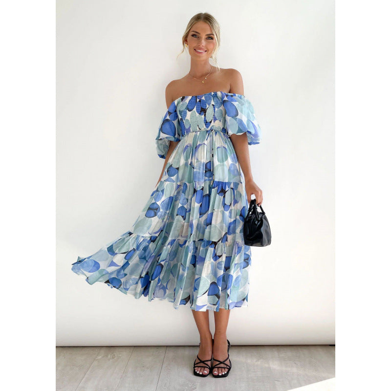 One-shoulder printed puffed-sleeve dress