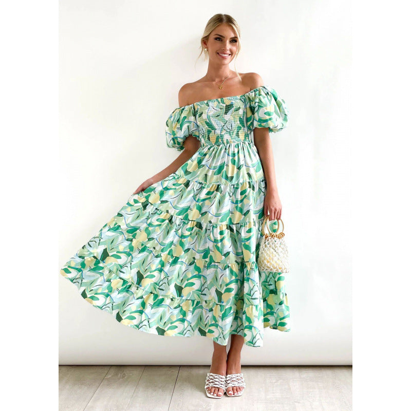 One-shoulder printed puffed-sleeve dress