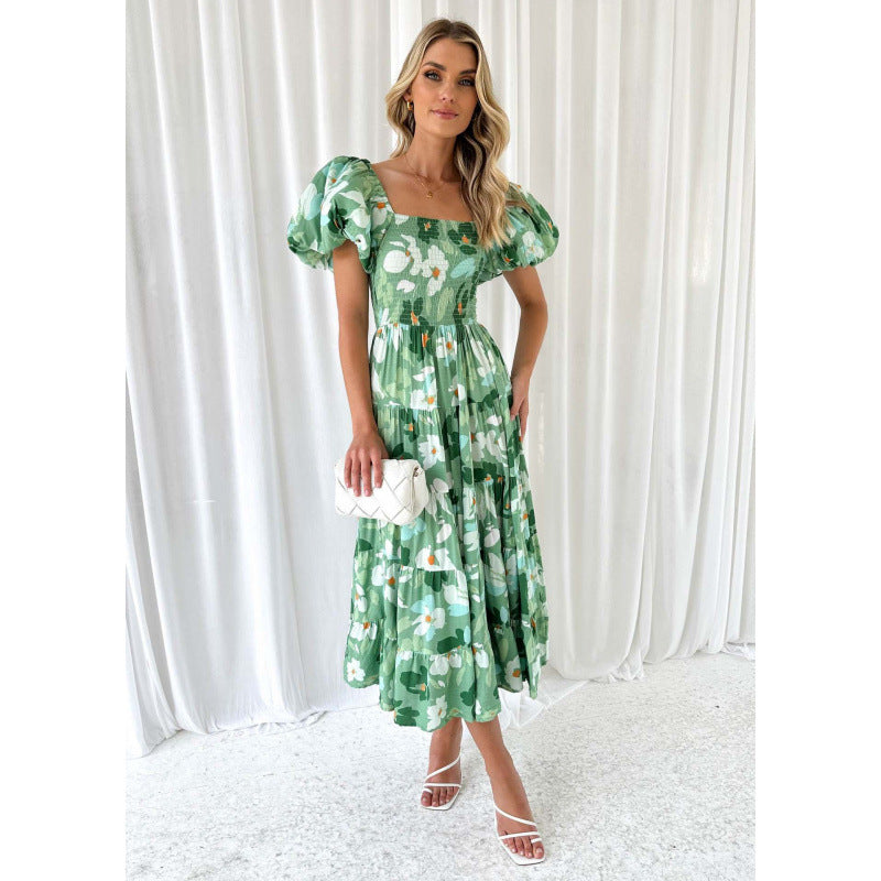 One-shoulder printed puffed-sleeve dress