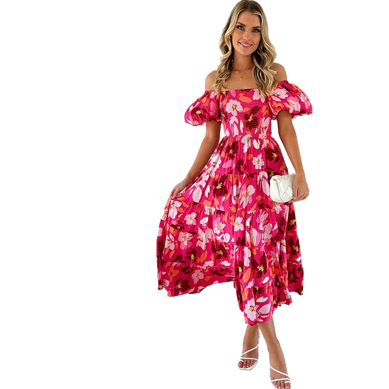 One-shoulder printed puffed-sleeve dress