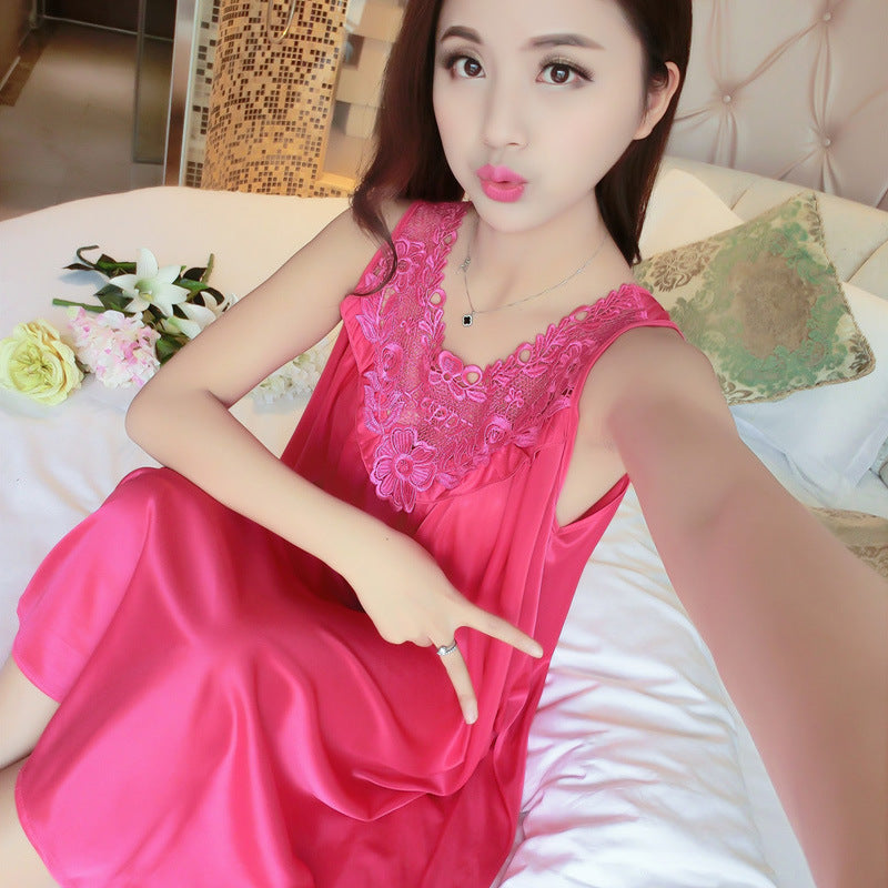 Sleeping dress, solid color sexy ice silk dress, vest dress, home wear
