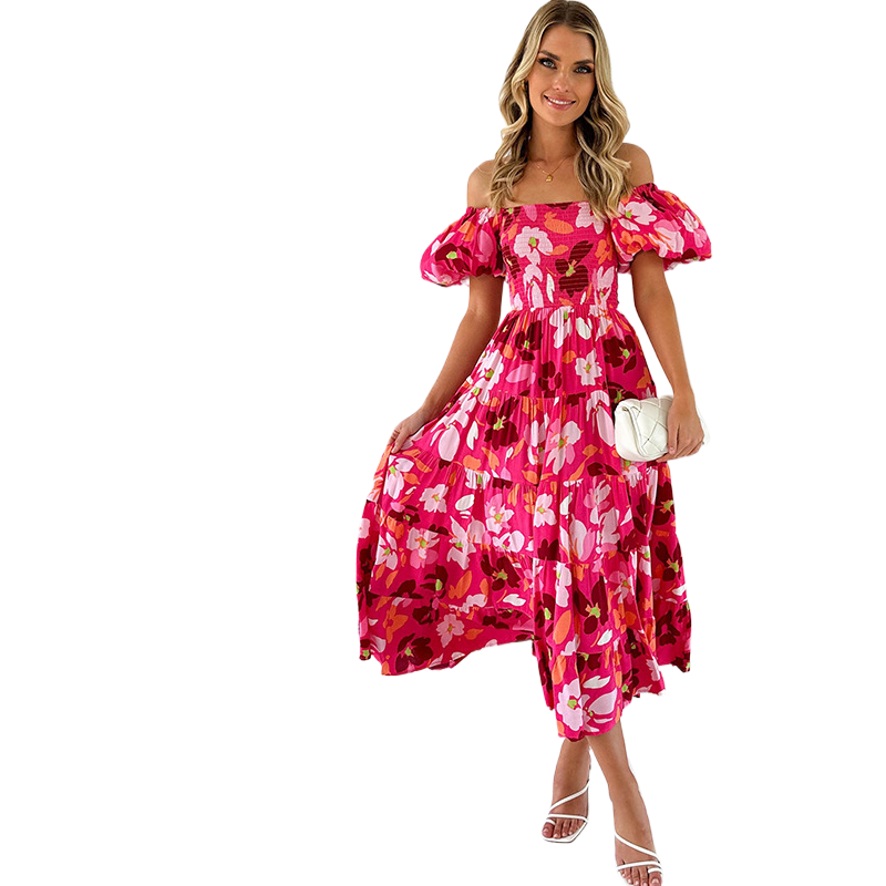 One-shoulder printed puffed-sleeve dress