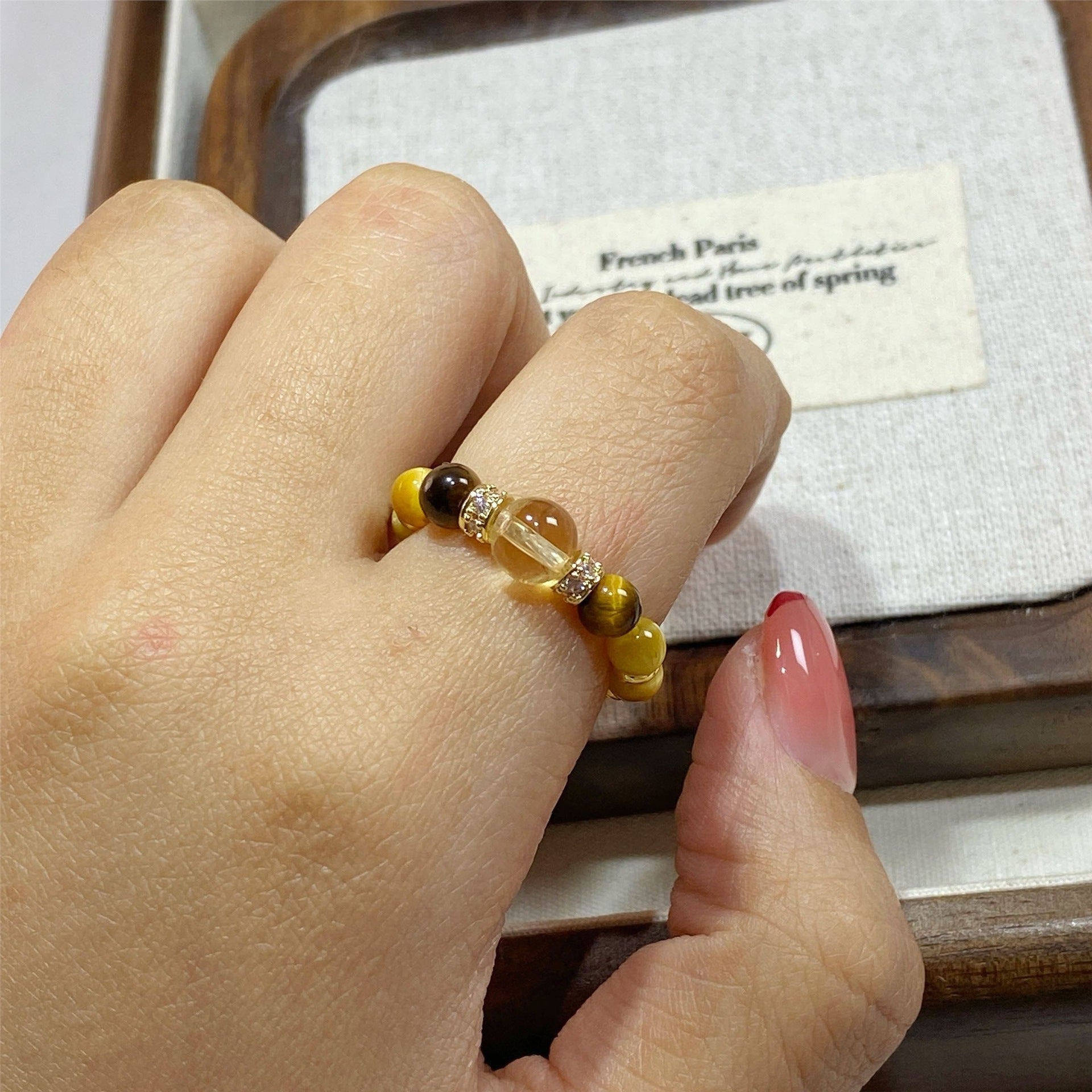 Gold Bully Ring with Citrine & Tiger Eye Stone  Lucky Charm Jewelry