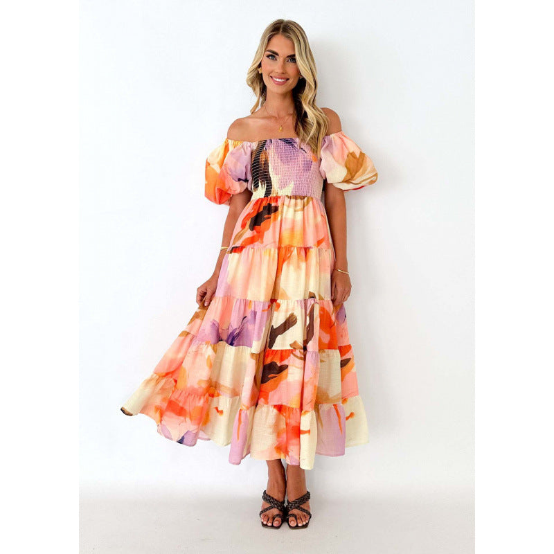 One-shoulder printed puffed-sleeve dress