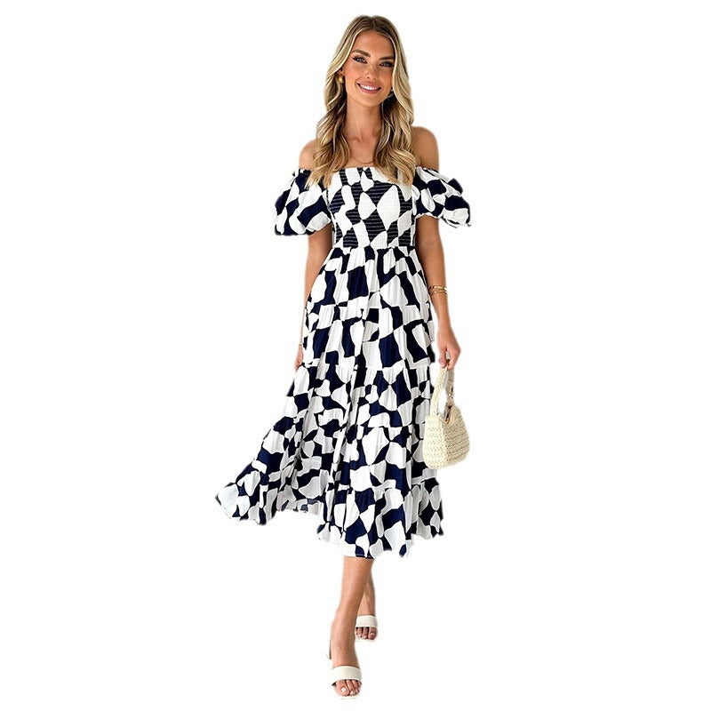 One-shoulder printed puffed-sleeve dress