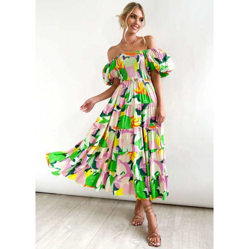 One-shoulder printed puffed-sleeve dress