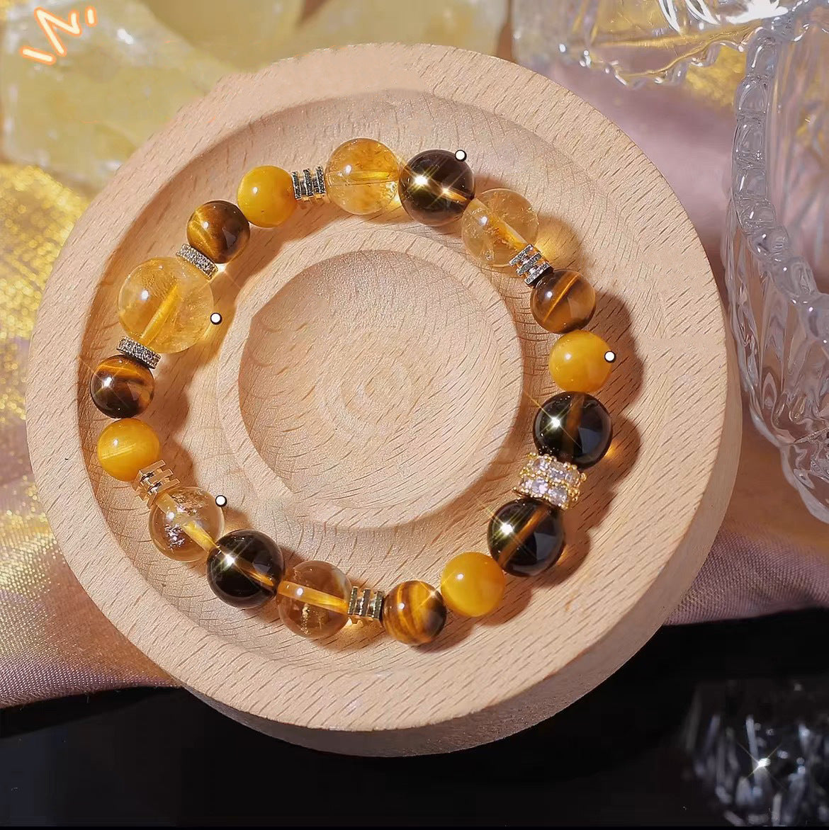 Gold Bully Ring with Citrine & Tiger Eye Stone  Lucky Charm Jewelry