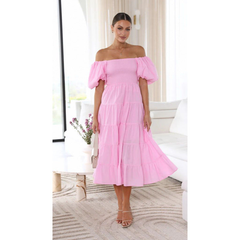 One-shoulder printed puffed-sleeve dress