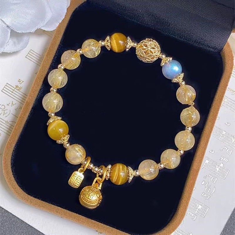 Gold Bully Ring with Citrine & Tiger Eye Stone  Lucky Charm Jewelry
