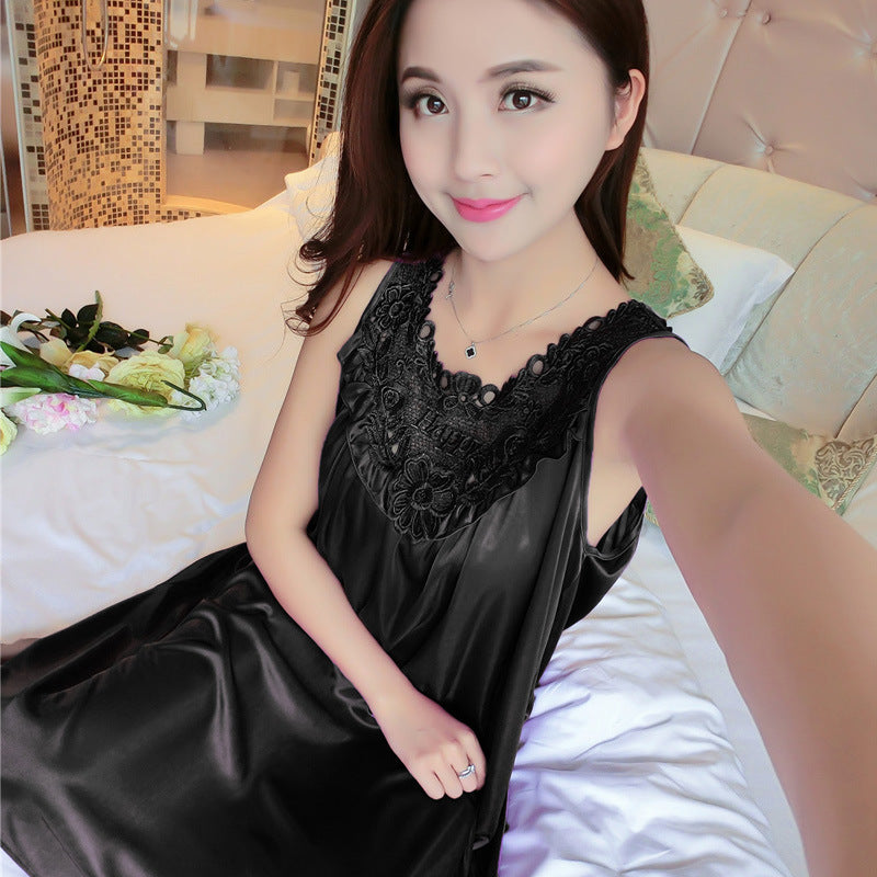 Sleeping dress, solid color sexy ice silk dress, vest dress, home wear