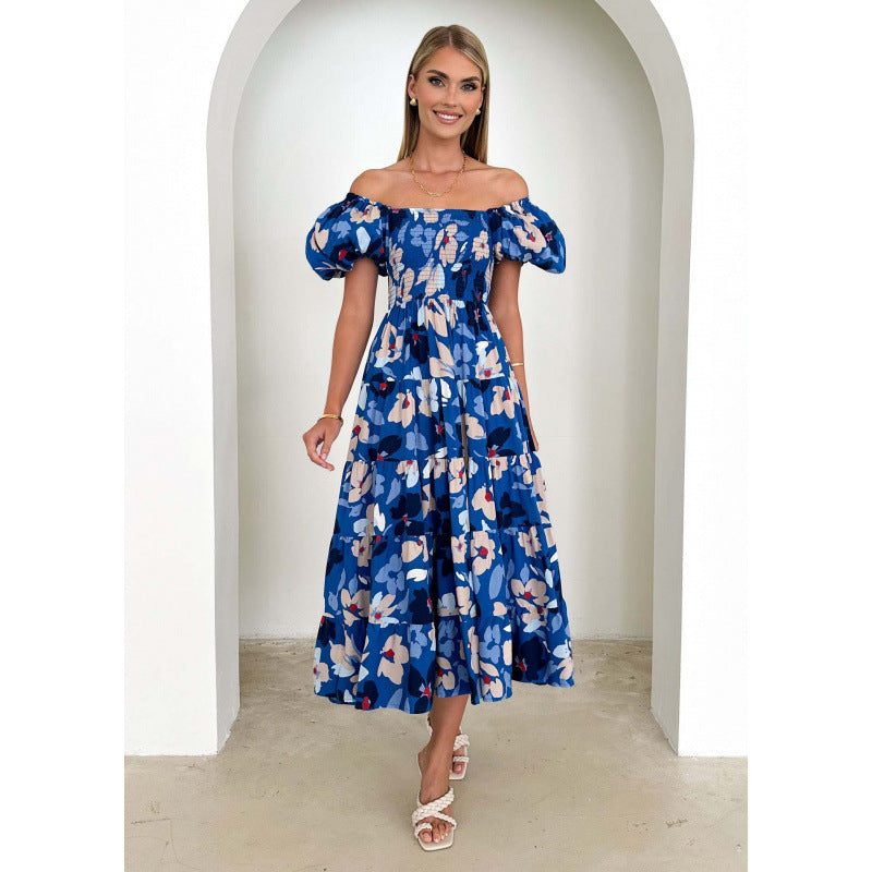 One-shoulder printed puffed-sleeve dress
