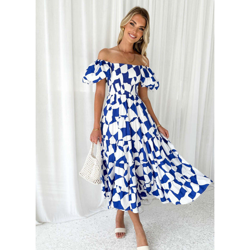 One-shoulder printed puffed-sleeve dress