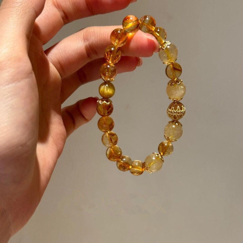 Gold Bully Ring with Citrine & Tiger Eye Stone  Lucky Charm Jewelry