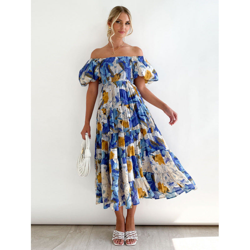 One-shoulder printed puffed-sleeve dress